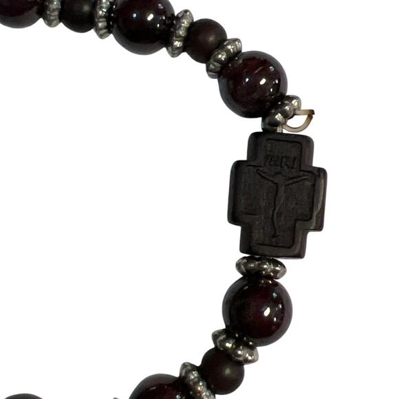 Natural Gemstone and  Wood Rosary Bracelet with Cross Stretch - Picture 2 of 5